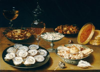 Pratos com Ostras, Frutas e Vinho, c.1620-25 (óleo no painel) de Osias the Elder Beert
