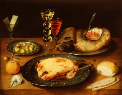 Frango Assado, Presunto e Azeitonas em Prato de Estanho (óleo no painel) de Osias the Elder Beert
