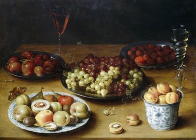 Natureza morta com fruta e copos, por Osias Beert (1580-1624), óleo sobre madeira de Osias the Elder Beert