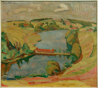 Paisagem em Ebersberg com lago de Oskar Moll