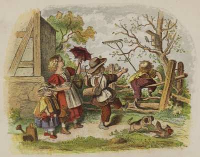 Grupo de crianças brincando ao ar livre (cor litho) de Oskar Pletsch