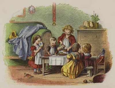 Grupo de garotinhas brincando de tomar chá (cor litho) de Oskar Pletsch