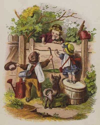 Três crianças a conversar sobre uma vedação de jardim (cor litho) de Oskar Pletsch