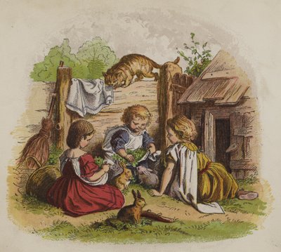 Três meninas brincando com seus coelhos de estimação, vigiadas por um gato (cor litho) de Oskar Pletsch