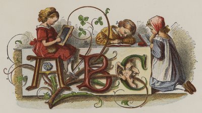 Três meninas praticando a sua escrita (cor litho) de Oskar Pletsch