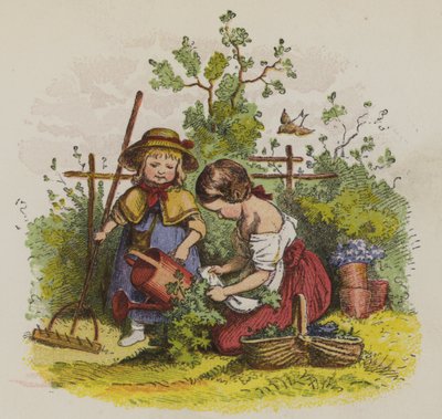 Duas meninas jardinagem (cor litho) de Oskar Pletsch