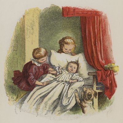 Menino e menina observando um bebê (cor litho) de Oskar Pletsch