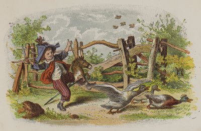 Menino brincando no seu cavalo de hobby e assustando um grupo de gansos (cor litho) de Oskar Pletsch