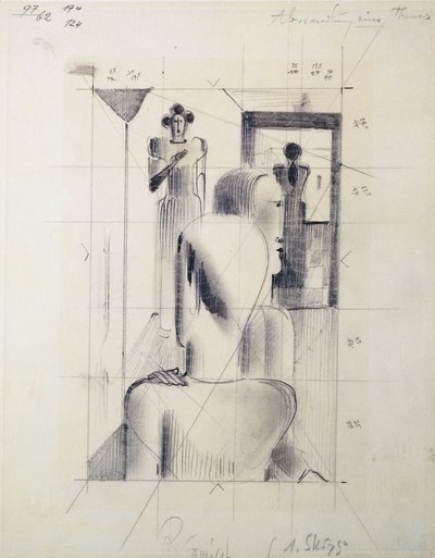 Figuras numa sala, por Oskar Schlemmer (1888-1943), lápis sobre papel. Alemanha, século XX. de Oskar Schlemmer