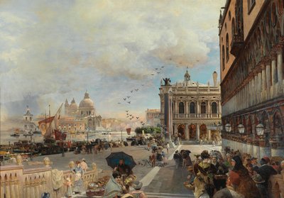 Veneza, vista da Piazzetta, com a Biblioteca Marciana, Santa Maria della Salute e a Dogana de Oswald Achenbach