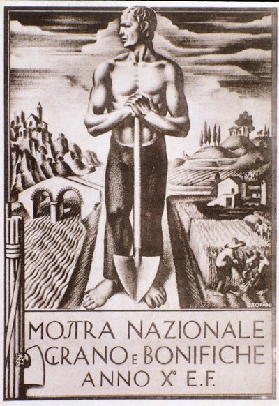 Cartaz de propaganda fascista para a campanha de melhoramento de grãos e terras de Oswaldo (after) Tofani