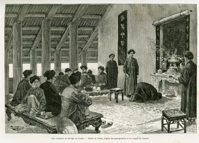 Uma cerimónia de casamento em Tonkin. Gravado por Tofani, para ilustrar a história Trente mois au Tonkin, em 1884, pelo Dr. Paul Hocquard, em le tour du monde 1890, sob a direção de Edouard Charton (1807-1890), Hachette, Paris. de Oswaldo Tofani