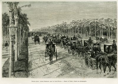Buenos Aires, Avenida Sarmiento, Parque Três de Fevereiro. Gravura de Tofani, para ilustrar a história Voyage a la Plata, em 1886, de Emile Daireaux, em le tour du monde 1888, dirigido por Edouard Charton (1807-1890), Hachette, Paris. de Oswaldo Tofani