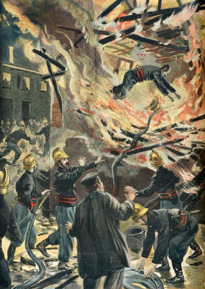 Morte do bombeiro Bailly durante um incêndio num moinho em Bourges em 1898 (Gravura) de Oswaldo Tofani