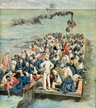 Embarque no navio hospital dos feridos da expedição de madagáscar em 1896 (Gravura) de Oswaldo Tofani