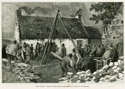 Cena de despejo. Gravado por Tofani, para ilustrar a história Trois mois en Irlande, em 1889, por Marie Anne de Bovet, no tour du monde 1890, dirigido por Edouard Charton (1807-1890), Hachette, Paris. de Oswaldo Tofani