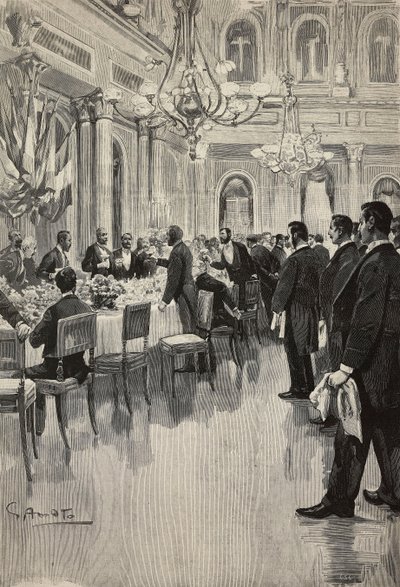 Diplomatas italianos brindam juntos, Paris, França, gravura de desenho de Gennaro Amato, de esboço de Osvaldo Tofani, de L