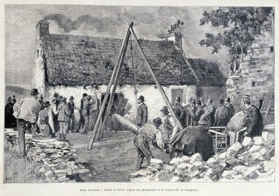 Homens correndo através de uma porta com a ajuda de uma árvore do ventre para expulsar o ocupante da habitação. Desenho de Tofani a partir de um esboço de O. de Champeaux (século XIX). de Oswaldo Tofani