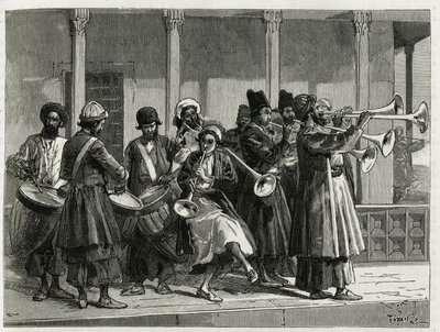 Músicos saudando o nascer do sol em Isfahan (ou Isfahan, cidade iraniana). Gravado por Tofani, para ilustrar a história "Persia, Chaldee e Susiane". de Oswaldo Tofani