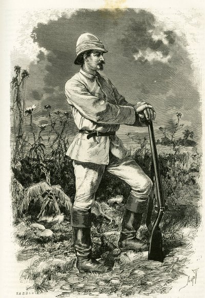 Retrato do Dr. Emile Holub, num fato de exploração, gravado por Tofani, para ilustrar a história "Au pays des Marutses", em 1875-1879, pelo Dr. Emile Holub (1847-1902). Publicado no Tour du monde, 2º semestre de 1883, editado por Edouard Charton (1807-1890 de Oswaldo Tofani
