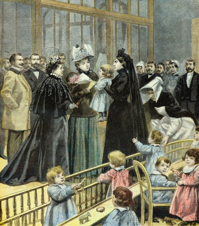 A mulher do Presidente Félix Faure visita as crianças da creche Fourcade, em Paris, em 1896 (gravura) de Oswaldo Tofani