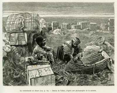 Contrabando de escavações arqueológicas no deserto persa. Gravação por Tofani, para ilustrar a história A Suse de Oswaldo Tofani