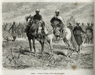 Os Spahis da escolta da expedição. Gravado por Tofani, para ilustrar a história da Exploração em Haut Niger, pelo Comandante Gallieni, da Infantaria Marinha, em 1880-1881, publicado no Tour du monde, sob a direcção de Edouard Charton (1807-1890) de Oswaldo Tofani