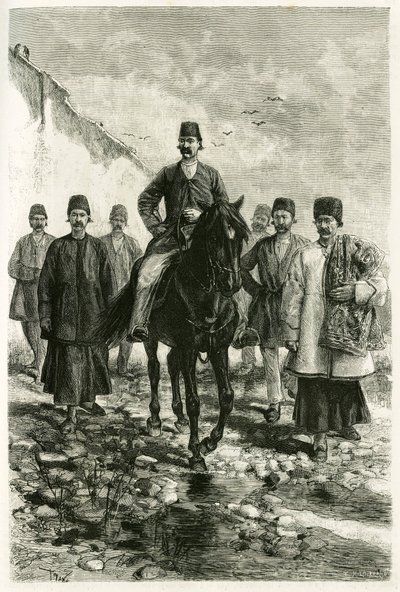 O governador de Kachan (ou Kashan, na província de Teerão, atual Irã) monta um cavalo preto e sua suíte está montada a pé. Gravado por Tofani, a partir de uma fotografia, para ilustrar a história "Persia, Chaldee e Susiane" em 1881-1882, de Jane Dieulafoy  de Oswaldo Tofani