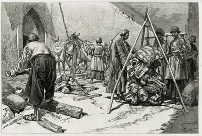 A pesagem da bagagem antes da partida da Delafoy Bridal Expedition. Gravação de Tofani, para ilustrar a história "Persia, Chaldee e Susiane". de Oswaldo Tofani