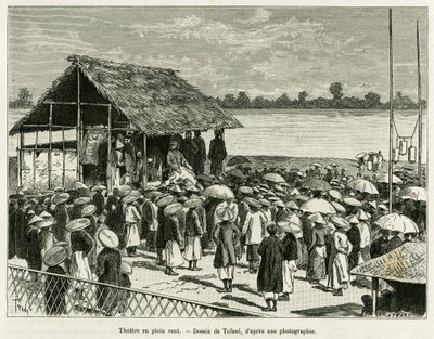 O teatro ao vento. Gravado por Tofani, após uma fotografia, para ilustrar a história Trente mois au Tonkin, em 1884, pelo Dr. Paul Hocquard, em le tour du monde 1890, sob a direção de Edouard Charton (1807-1890), Hachette, Paris. de Oswaldo Tofani