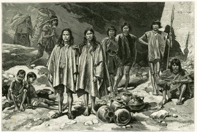 Tipos de índios dos Cordilheiras do Equador, à esquerda, ao fundo, Yumbos de Nanegal, em primeiro plano Lojanos, no meio um casal de Zaparos, à direita, guerreiros Jivaros. Gravura de Tofani, com base em documentos, para ilustrar a história de Oswaldo Tofani