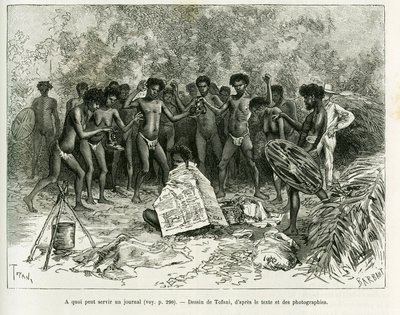 Para que pode ser usado um jornal Gravado por Tofani, para ilustrar a história Chez les cannibales, Voyage dans le nord-est de l
