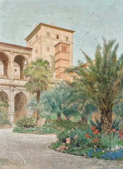 Vista da embaixada em Roma: jardim com vista para as arcadas de Othmar Brioschi