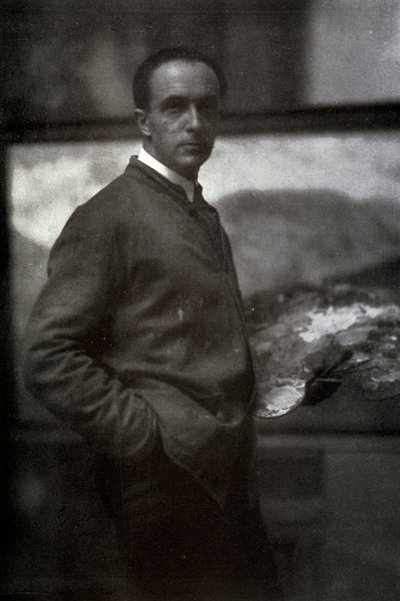Retrato de três quartos de Cesare Maggi. O pintor, vestido de avental, está segurando uma paleta na mão esquerda. No fundo, a tela em que ele está trabalhando de Ottaviano Ecclesia