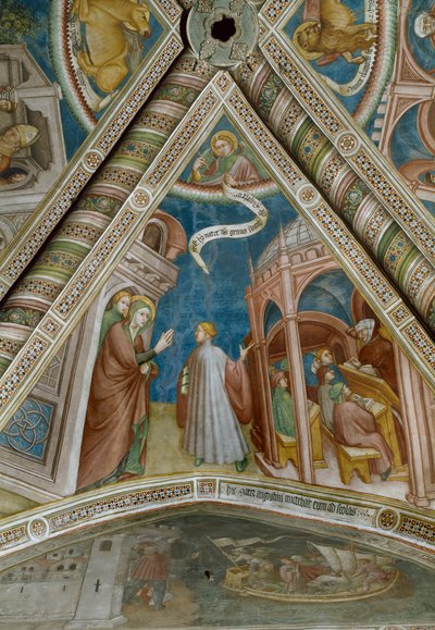 Santo Agostinho é enviado por sua mãe Monique para estudar em Thagaste (Fresco de Ottaviano Nelli