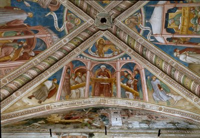 Santo Agostinho, sentado à esquerda, aprendendo as sete artes liberais. (Fresco de Ottaviano Nelli