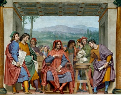 Laurent de Medici (1449-1492) (Laurent o Magnífico: Lorenzo il Magnifico) sentado no meio de artistas florentinos Ele admira um chefe de fauna de Michelangelo (Michelangelo, Michel Ange). Fresco por Ottavio Vannini (1585-1643). 1635 aproximadamente Sala de Ottavio Vannini