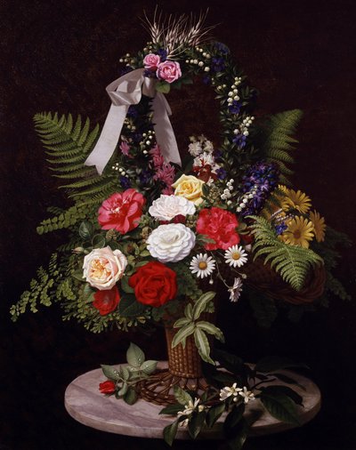 Natureza morta de flores num cesto (margaridas, fetos, rosas) de Otto Didrik Ottesen