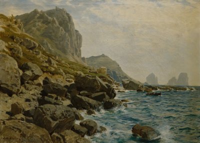 Dramático Cenário Costeiro com Barco (óleo sobre tela) de Otto Ludvig Sinding