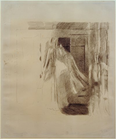 Mulher e menino na frente de um guarda-roupa de Otto Meyer Amden