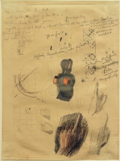 Folha de desenho com composição e estudos manuais sobre Handehuchhaltende (respostas) de Otto Meyer Amden