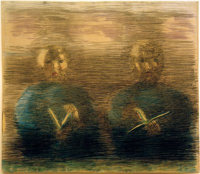 Preparação (adoração na sala de jantar). Estudo parcial (dois meninos com hinários) de Otto Meyer Amden