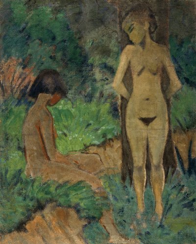 Banhistas sob árvores, c.1925 (tinta cola sobre tela) de Otto Muller or Mueller