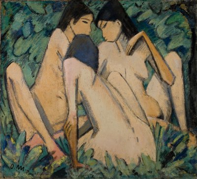 Três raparigas num bosque, c.1920 (óleo e têmpera sobre painel) de Otto Muller or Mueller