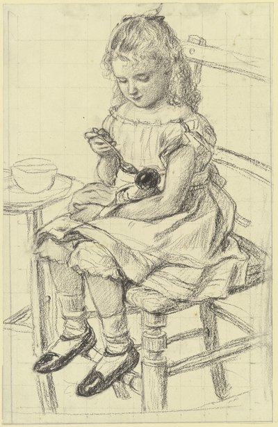 Uma menina a alimentar a sua boneca de Otto Scholderer
