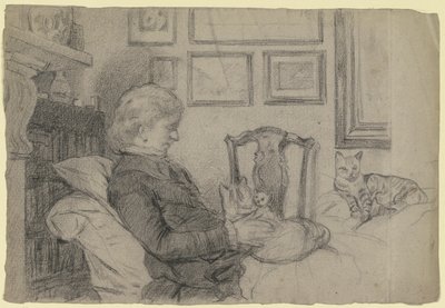 Luise Scholderer junto à la lareira com muitos gatos de Otto Scholderer