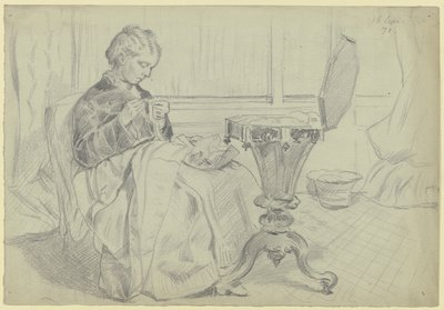 Luise Scholderer à mesa de costura, com um trabalho de agulha de Otto Scholderer