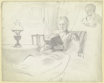 Luise Scholderer a ler com mesa e candeeiro, busto de uma figura feminina ao fundo de Otto Scholderer