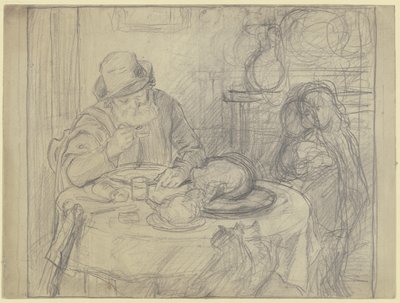 Homem à mesa de jantar com criança e gato de Otto Scholderer