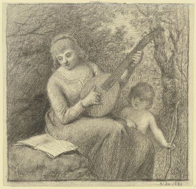 Mulher a tocar música com o Cupido de Otto Scholderer